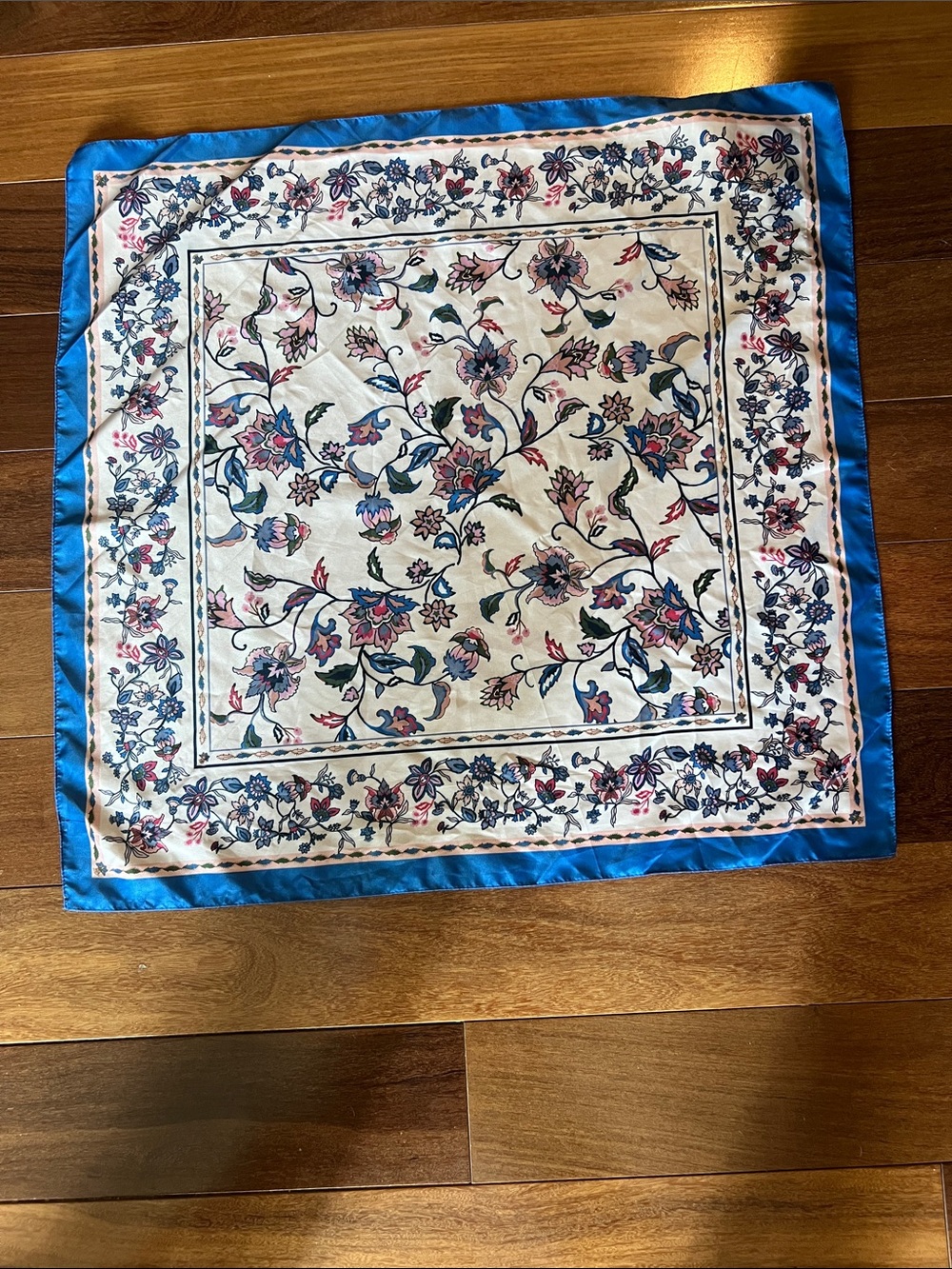 Mango Floral Silk-Feel Cream Scarf with Blue and Pink Accents